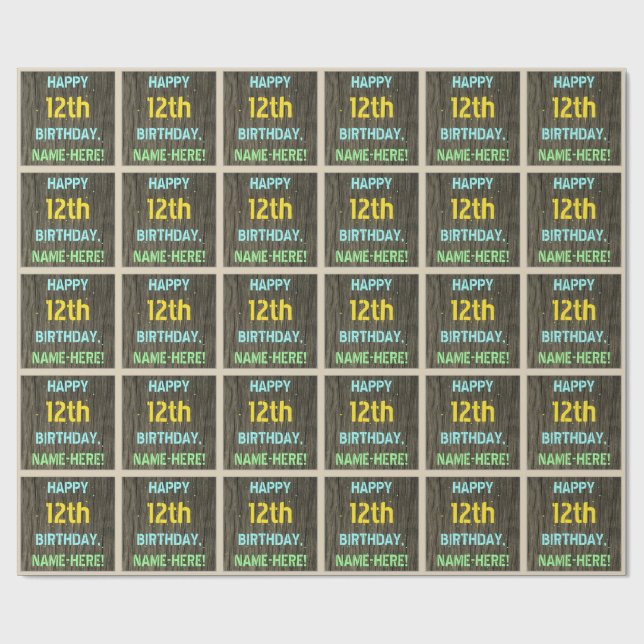 Papel De Presente Madeira Faux, Olhar Texto Pintado, Aniversário 12  (Aberto)
