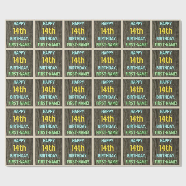 Papel De Presente Madeira Faux, Olhar Texto Pintado, Aniversário 14  (Aberto)