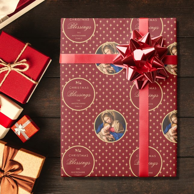 Papel De Presente Madona religiosa tradicional e Natal infantil (Religious Christmas gift wrap with Madonna and Child in red and gold for Catholics)