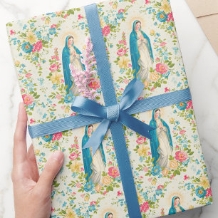 Papel De Presente Mãe Abençoada Mary Floral Rezando Santa Rosada