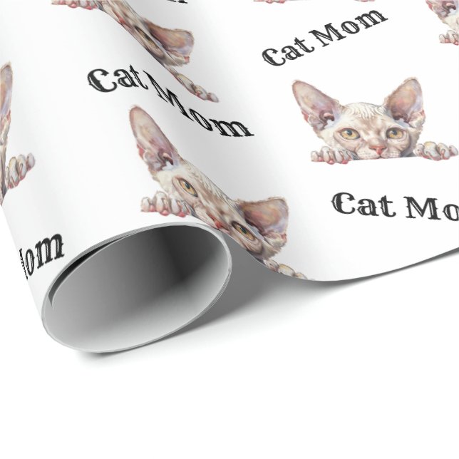 Papel De Presente Mãe de Gato Espiando Padrão Repetitivo Devon Rex (Ponta do rolo)