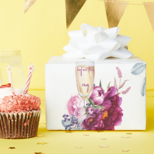 Papel De Presente Magenta Floral Champanhe Antes do Anel Casamento  (Festa de aniversário)