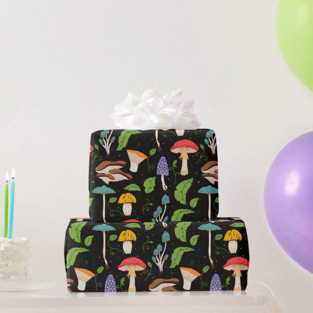 Papel De Presente Magia da Floresta Profunda: Padrão de Cogumelos Co (Presentes para festas)