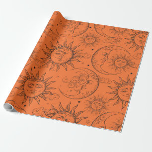 Papel De Presente Magia Laranja Vintage Celestial Sol Lua Estrelas