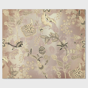 Papel De Presente Magic Garden Lions Floral Rosa Dourado Oriental