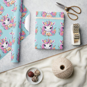 Papel De Presente Magical Baby Unicorn with Flowers