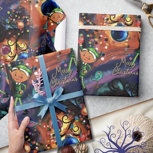 Papel De Presente Magical Elf & Bird Whimsical Christmas (Magical Elf & Bird Whimsical Christmas Wrapping Paper)