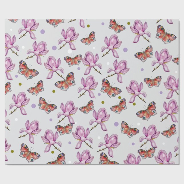 Papel De Presente Magnolia and butterflies, watercolor pattern (Aberto)