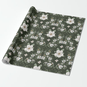 Papel De Presente Magnólia Floral Aguarela Verde Escuro Vintage