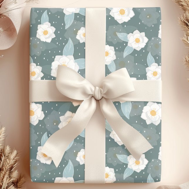 Papel De Presente Magnólia Floral Elegante com Bolinhas Brancas (Criador carregado)
