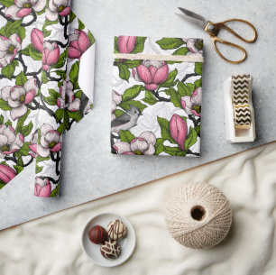 Papel De Presente Magnólia florescente e pássaro-do-titrato