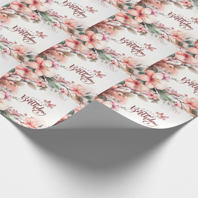 Papel De Presente Magnolia Rosa Blossomas e Pássaros Feliz Aniversár (Ponta)