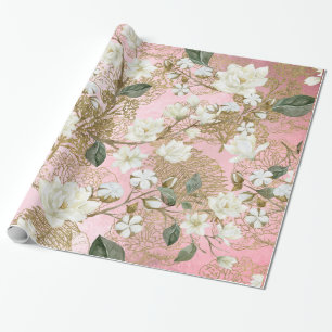 Papel De Presente Magnolia Rosa Dourada Ferns Chic Floral