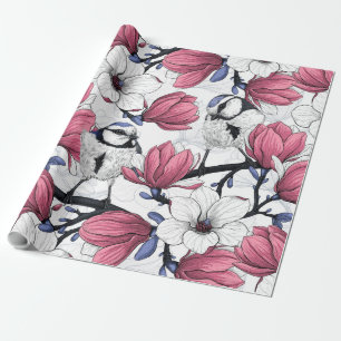 Papel De Presente Magnólia rosa e pássaros tintos azuis