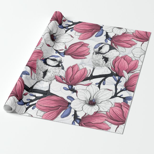 Papel De Presente Magnólia rosa e pássaros tintos azuis (Desenrolado)