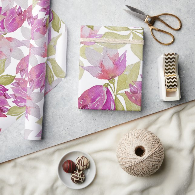 Papel De Presente Magnolia Rosa Flores Aquarela (Artesanato)