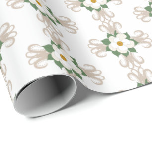 Papel De Presente Magnolias em Crosses - Padrão Floral Greige Bran
