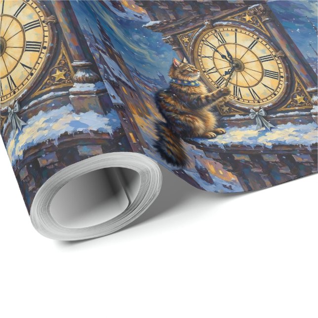 Papel De Presente Maine Coon Christmas Clock Tower Midnight (Ponta do rolo)