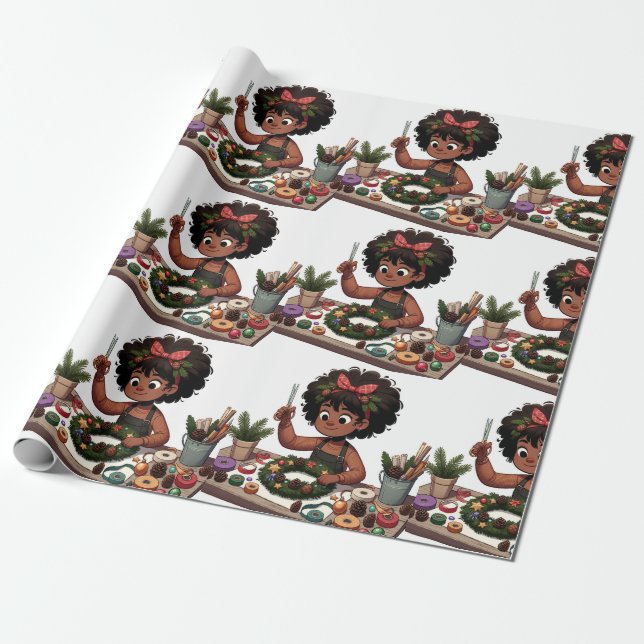 Papel De Presente Mala de Natal de menina negra embrulhando papel (Desenrolado)