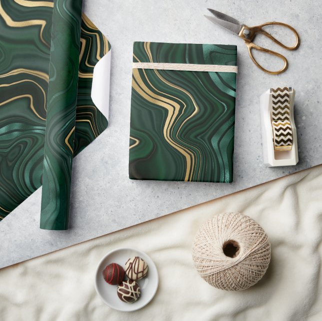 Papel De Presente Malacite Verde Escuro e Veios de Folha de Ouro (Artesanato)