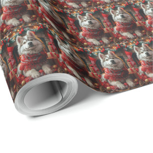 Papel De Presente Malamute do Alasca com Presentes de Natal Lareira