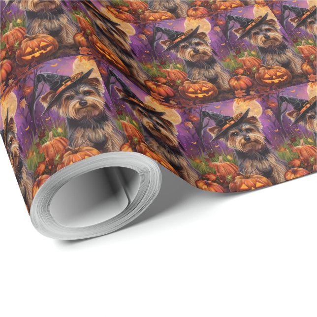 Papel De Presente Malandro Biewer Terrier Halloween Witch E Pumpkin (Ponta do rolo)