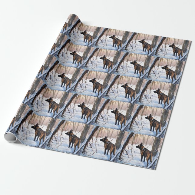 Papel De Presente Malinois Belga Deixar Neve Natal (Desenrolado)