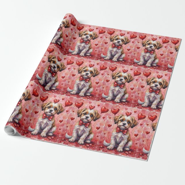 Papel De Presente Malti Tzu Valentine Dog Sitting with Hearts Red (Desenrolado)