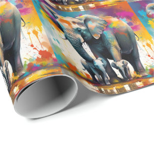 Papel De Presente Mamãe E Elefantes Bebês Splash De Cor,
