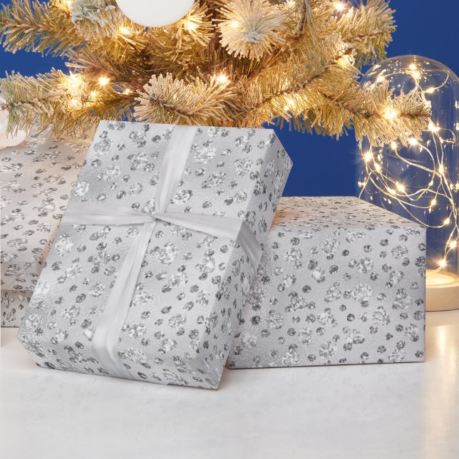 Papel De Presente Manchas de Leopardo com Brilho Falso Cinza Prata (Feriados)