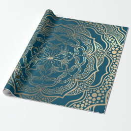 Papel De Presente Mandala Art Boho Elegante Dourado Turquesa Natal