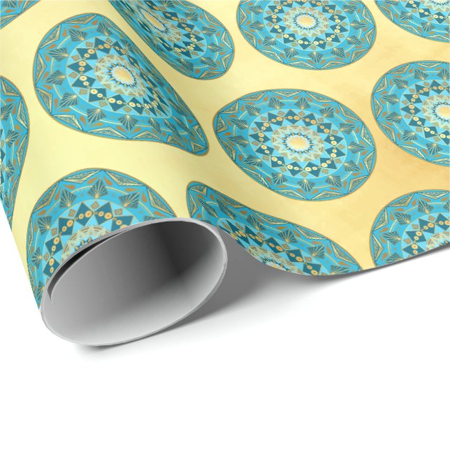 Papel De Presente Mandala azul dourado em Fundo de Ouro Macio (Ponta do rolo)
