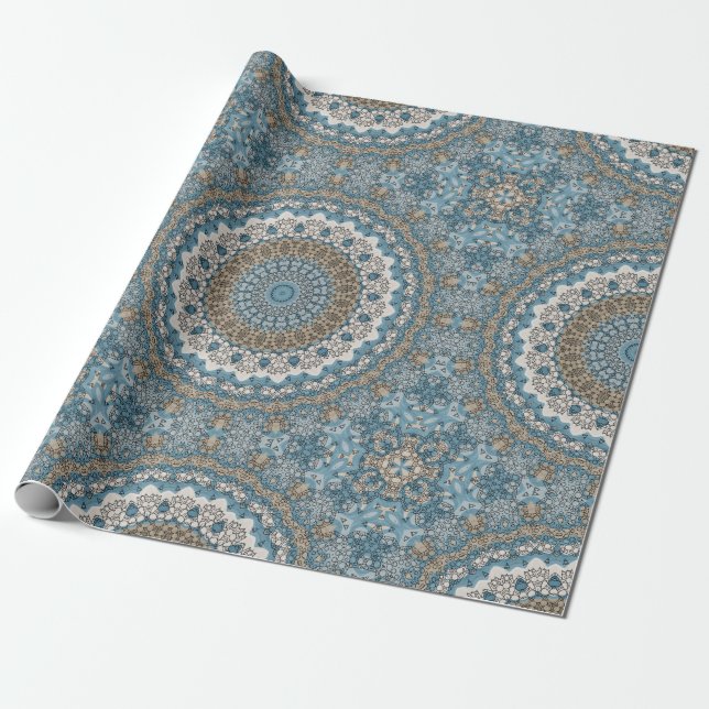 Papel De Presente Mandala Azul e Bege Padrão Geométrico Intrincado (Desenrolado)