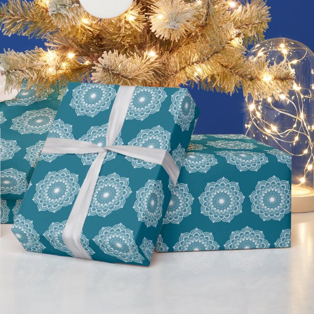 Papel De Presente Mandala Branco em Fundo Azul (Feriados)