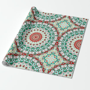 Papel De Presente Mandala de Feriado em Vermelho, Verde e Branco de 