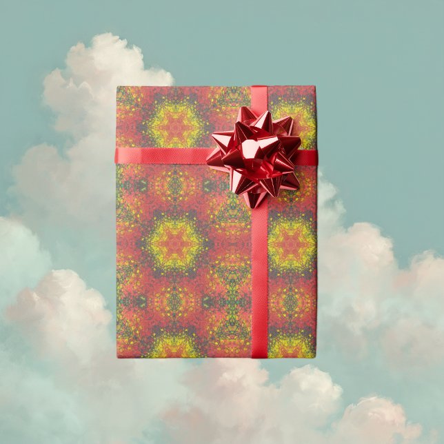 Papel De Presente Mandala digital amarelo vermelho e preto (Yellow and Red Digital Paint Mandala Wrapping Paper By Wormhole Orbital)