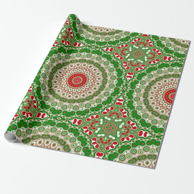 Papel De Presente Mandala Festivo Vermelho e Verde com Simetria de F (Desenrolado)