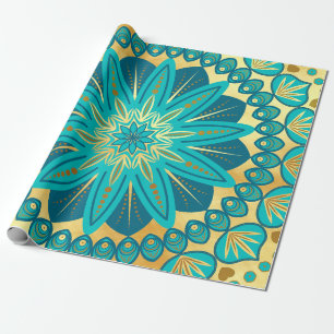 Papel De Presente Mandala Flor de Ouro Azul