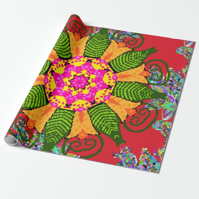Papel De Presente Mandala floral cor redonda, vermelha, verde e  (Desenrolado)