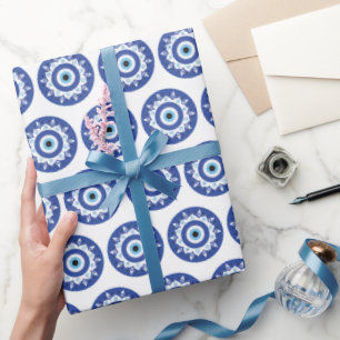 Papel De Presente Mandala Grego Mau Olho Padrão Azul Branco