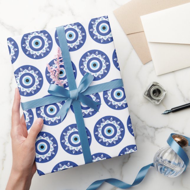 Papel De Presente Mandala Grego Mau Olho Padrão Azul Branco (Presentear)
