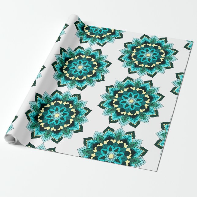 Papel De Presente Mandala Padrão 02 em aqua (Desenrolado)