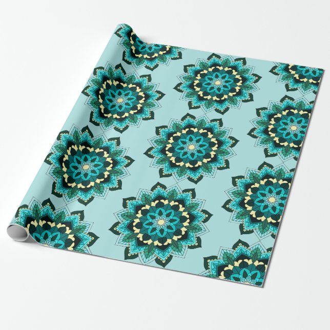 Papel De Presente Mandala Padrão 02 em aqua (Desenrolado)