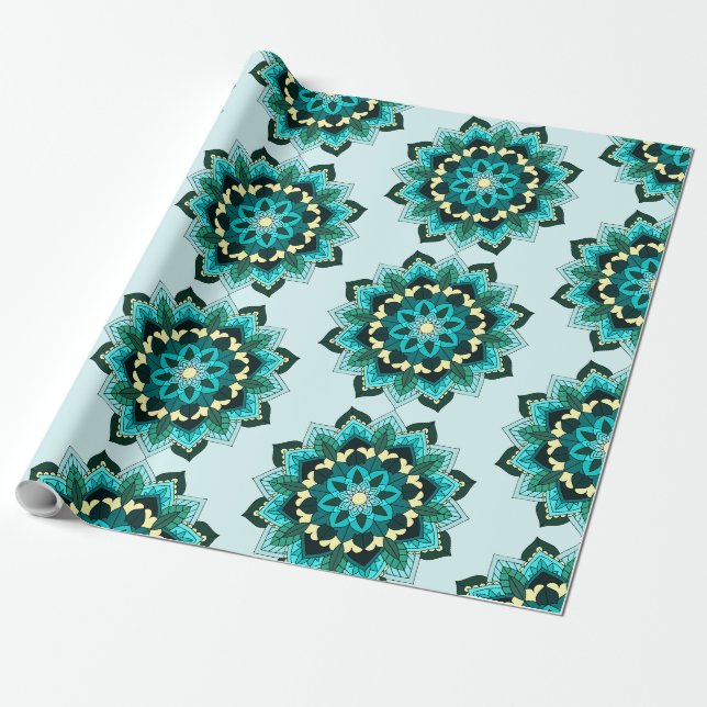 Papel De Presente Mandala Padrão 02 em aqua (Desenrolado)
