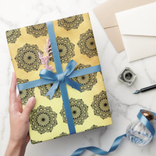 Papel De Presente Mandalá Preto em Fundo Dourado Suave