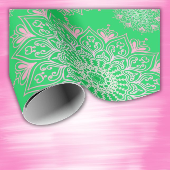 Papel De Presente Mandala rosa bonito em verde | (Criador carregado)