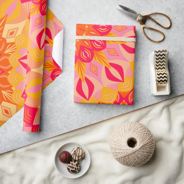 Papel De Presente Mandala Sobreposta Laranja Rosa Amarelo (Artesanato)