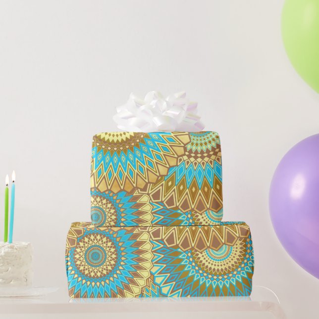 Papel De Presente Mandala Sobreposto Azul Marrom Dourado (Presentes para festas)