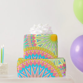 Papel De Presente Mandala Sobreposto Rosa Azul Amarelo Verde-Pálido