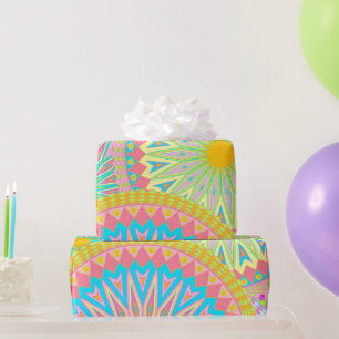 Papel De Presente Mandala Sobreposto Rosa Azul Amarelo Verde-Pálido